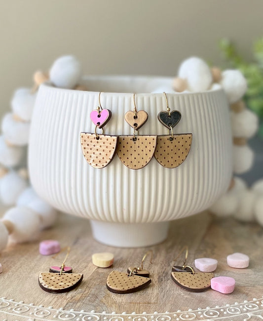 Polka Dot Heart Laser Engraved Wood Earrings