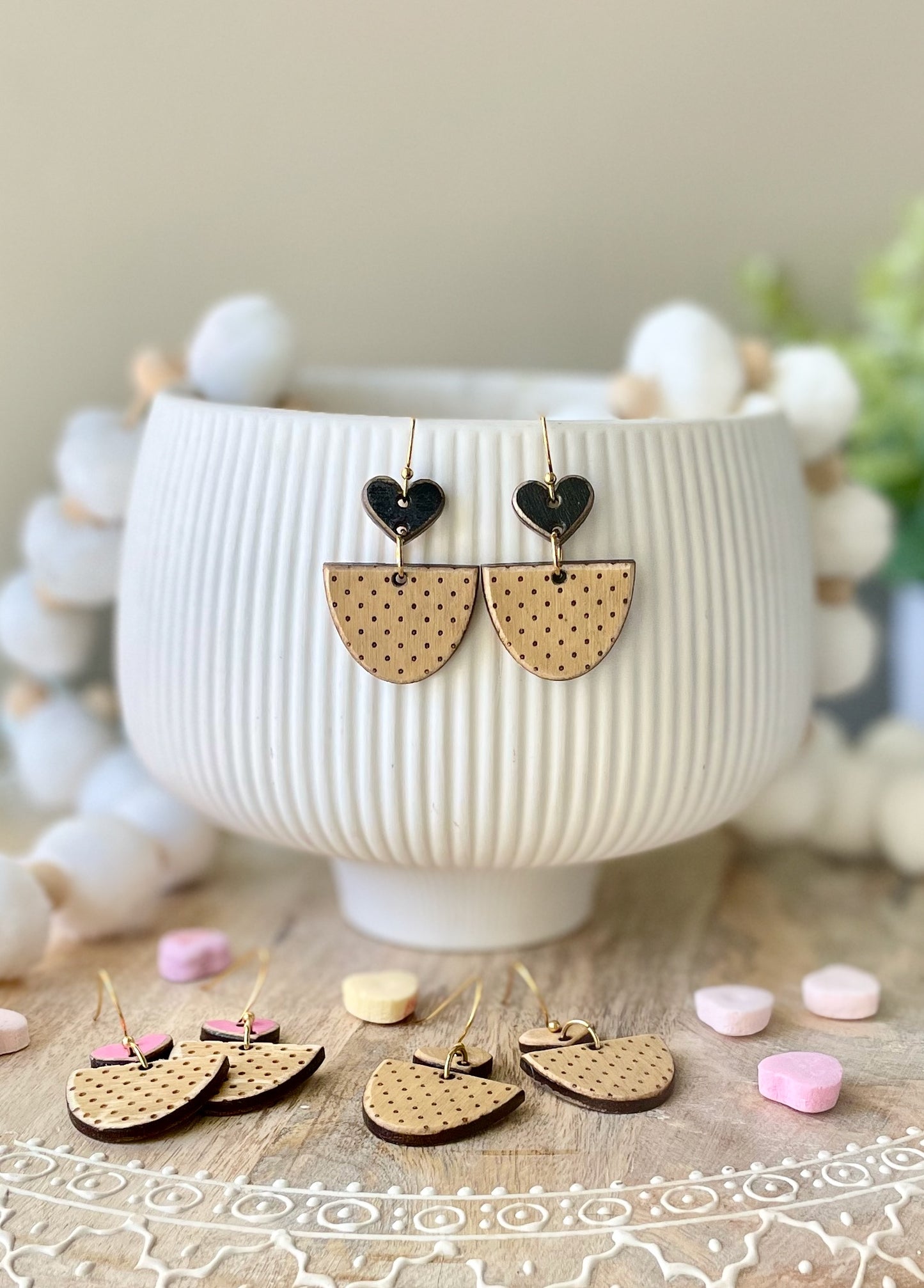 Polka Dot Heart Laser Engraved Wood Earrings