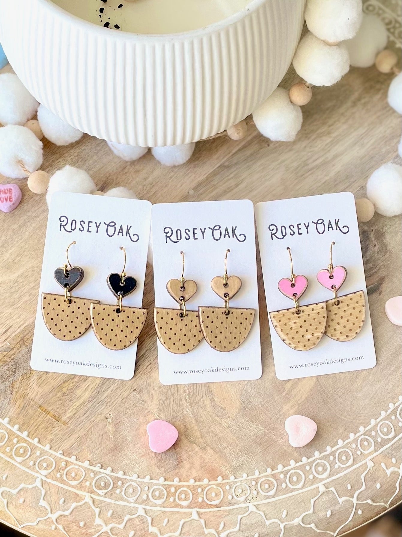 Polka Dot Heart Laser Engraved Wood Earrings