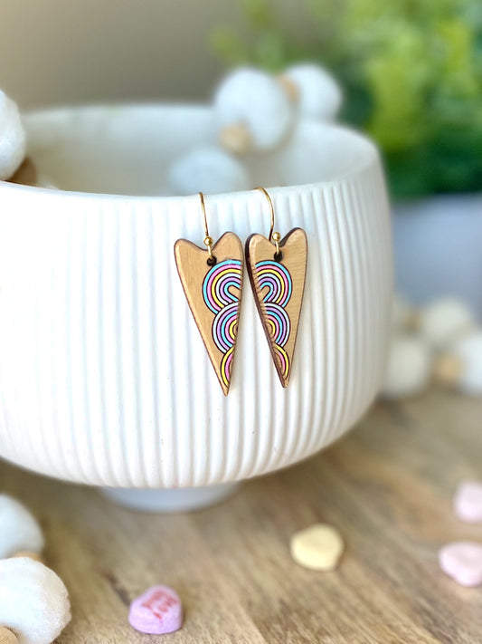 Rainbow Hearts Laser Engraved Wood Earrings