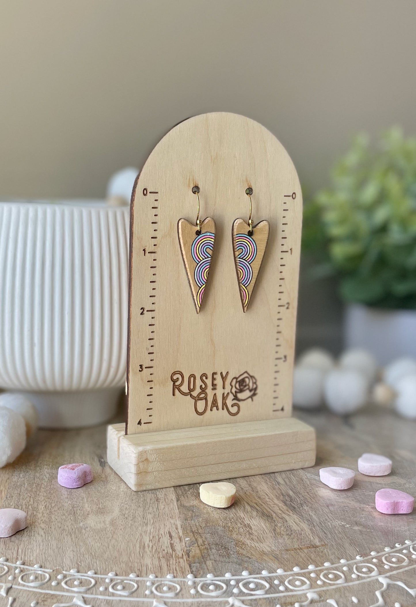 Rainbow Hearts Laser Engraved Wood Earrings