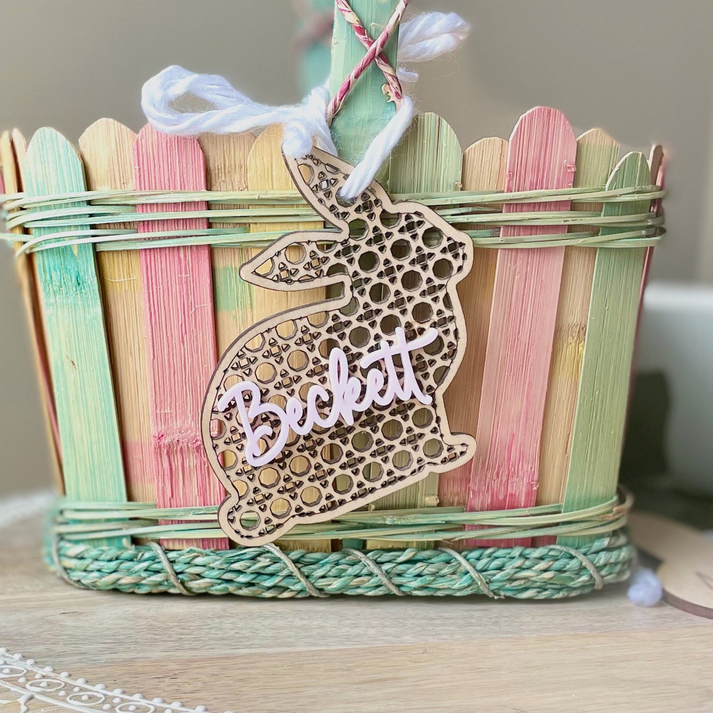 Rattan Easter Bunny Personalized Basket Name Tag