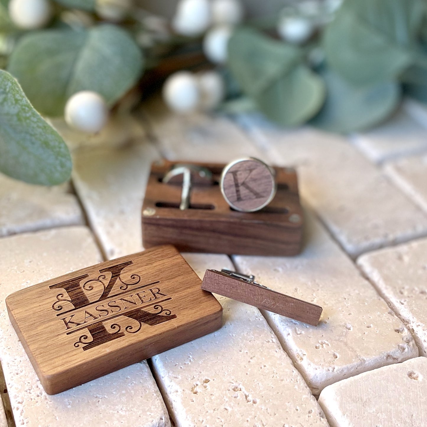 Personalized Wood Cufflinks & Tie Clip Gift Box Set